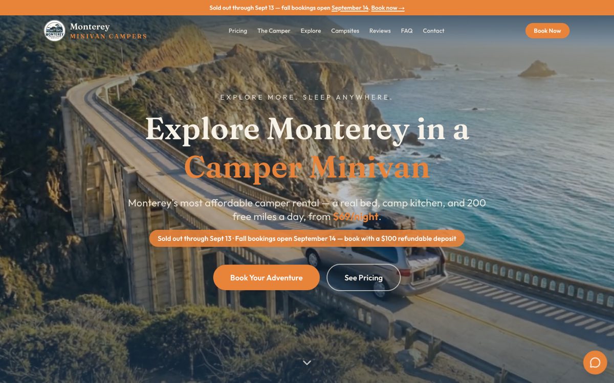 Homepage of Monterey Minivan Campers, showing a camper van on the Big Sur coast highway